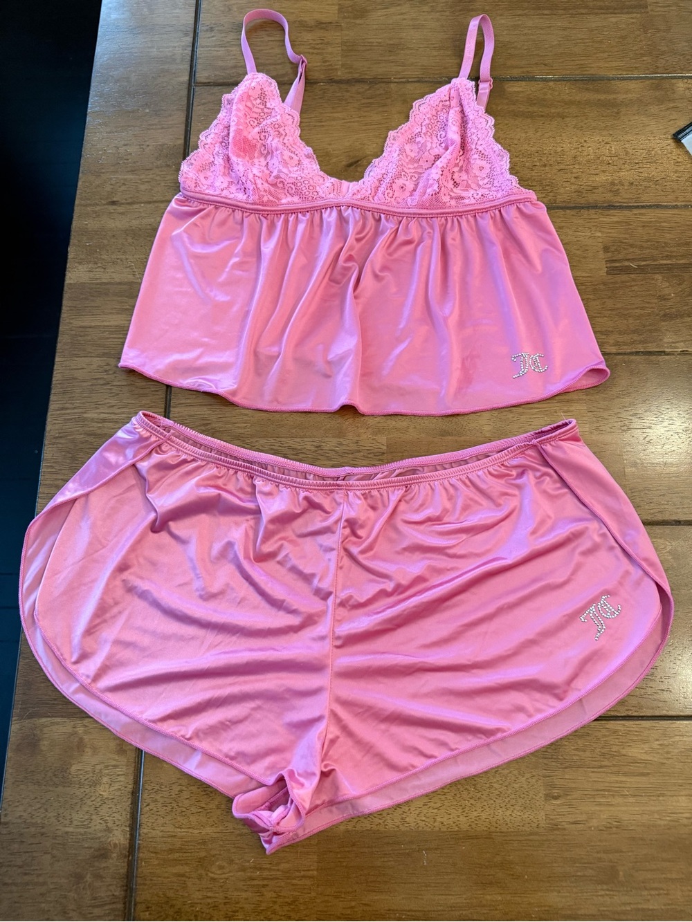 Juicy Couture Pink Satin & Lace Pajama Set Cami Shorts Rhinestone Logo - Size M
